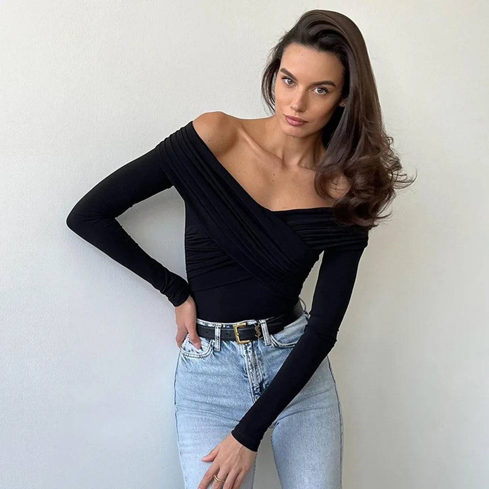 Shestyle Off Shoulder Slash Neck Bodysuits Women Overlap Solid Long Sleeve Basic T-Shirt Pleated Cross Bodycon Fashion Trendy.