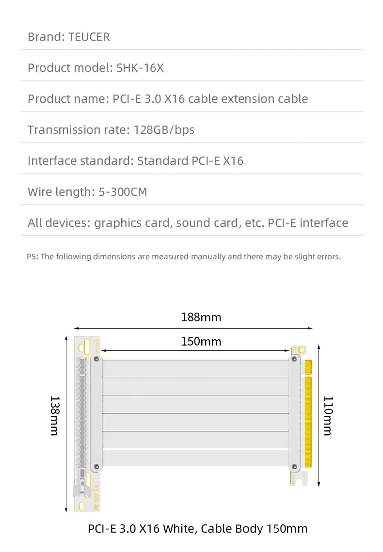 TEUCER PCI-E 4.0 X16 Riser Cable Video Card Extension Shielded Flexible 90° Mounting GPU Extension Cord Black/White.