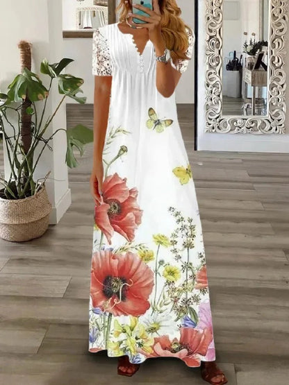 Frühjahr/Sommer Mode frauen Kurzarm Gedruckt Spitze Kleider Elegante frauen Weiß V-ausschnitt Slim Fit Party Lange vestidos