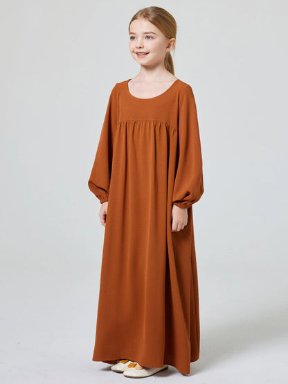 Kids Abaya Ramadan Muslim Dubai Elegant Girl's Solid Crew Neck Long Sleeve Kaftan Kebaya Dress For Party Pray Gift.