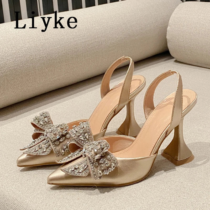 Liyke Spring Summer Fashion Rhinestone Bowknot Women Pumps Sexy Silk Pointed Toe Strange High Heels Party Prom Shoes Gold Silver.