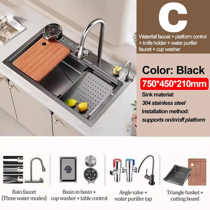 Kitchen Sink 304 Stainless Steel Rain Waterfall Single Trough Honeycomb Large Single Trough Washing Basin