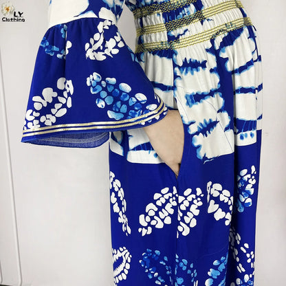 New Women Party Dress Dubai Muslim Summer Cotton Long Sleeve Collect Waist Boubou Maxi Islam Women Elegant Dress African Abaya.