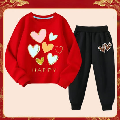 Spring Children Clothes Set Kid Girls Sweet Sweatshirts Pullover Top And Pants 2 Pieces Suit Heart Print Long Sleeve Tracksuits.