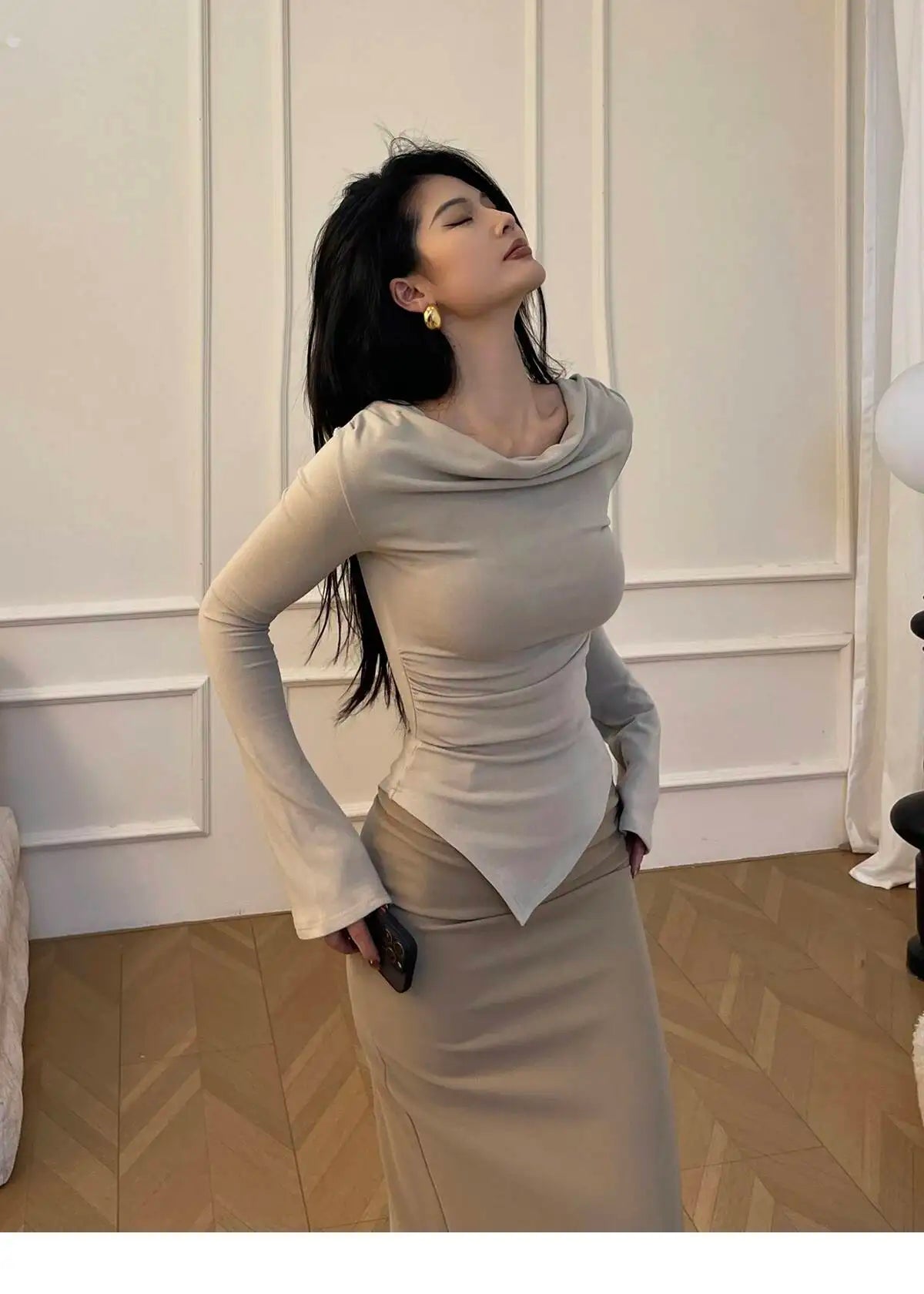 New Spicy Girl One Shoulder Trumpet Long Sleeve T-shirt Female Autumn Slim Sweet Fashion Korean Women Tees Sweet 2025 New 91NV.