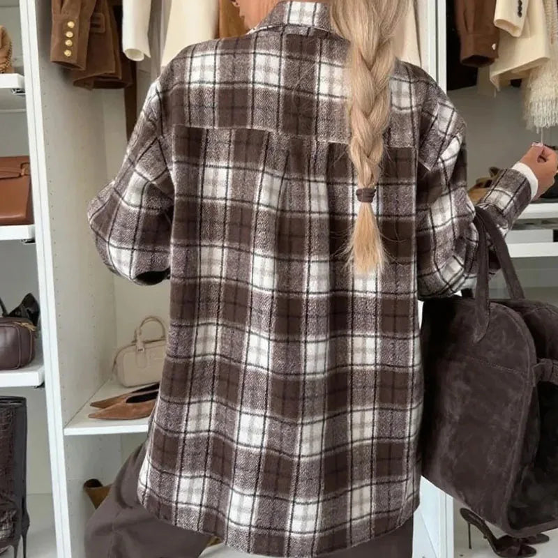 Women Elegant Checkered Print Office Shirt Spring Autumn Turn-down Collar Button Blouses Casual Long Sleeve Street Top Cardigans.