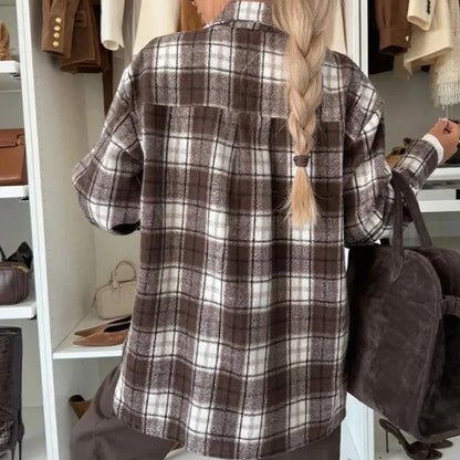 Women Elegant Checkered Print Office Shirt Spring Autumn Turn-down Collar Button Blouses Casual Long Sleeve Street Top Cardigans.