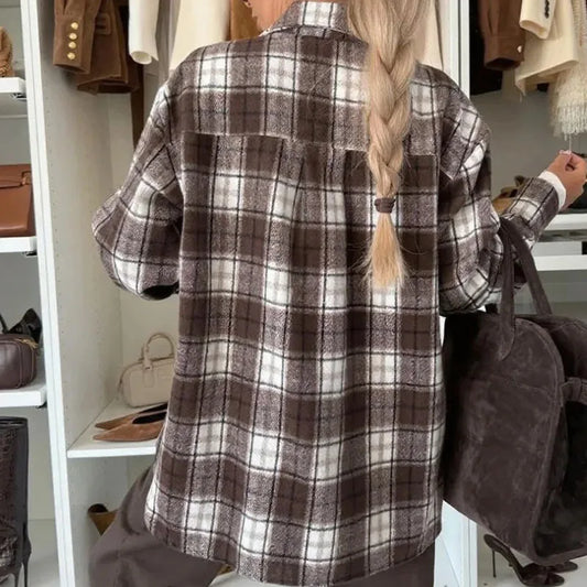 Women Elegant Checkered Print Office Shirt Spring Autumn Turn-down Collar Button Blouses Casual Long Sleeve Street Top Cardigans.