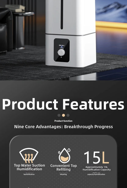 15L Square Humidifier for Large Rooms, Ultra Quiet Cool Mist Humidifier Auto Shut-Off,BPA-Free Water Tank–Ideal for Home Office.