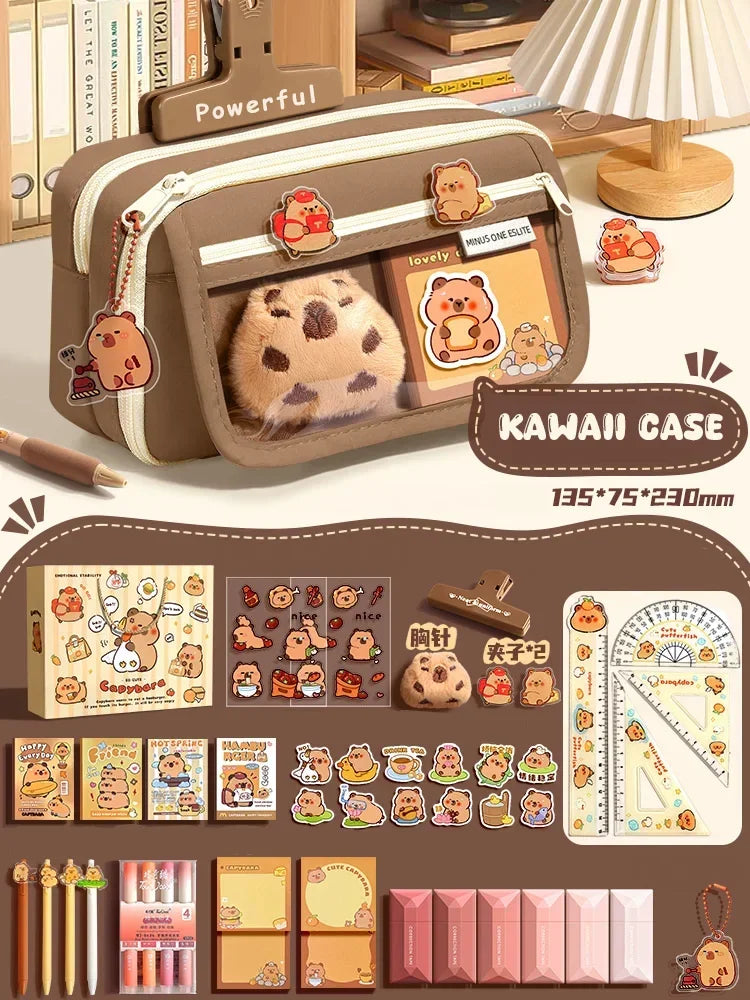 Große Kapazität Bleistift Tasche Capybara Cartoon Leinwand Schreibwaren Halter Tasche Mit Broschen Aufkleber Clips Schlüsselanhänger Kinder Stift Fall