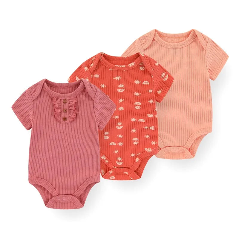 Kiddiezoom 3-teiliges modisches Sommer-Kurzarm-Cartoon-Baby-Body aus Baumwolle für Neugeborene, Jungen und Mädchen.