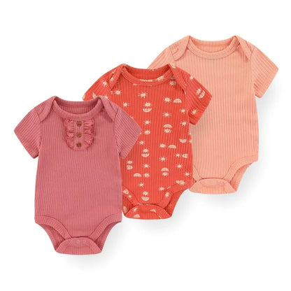 Kiddiezoom 3-teiliges modisches Sommer-Kurzarm-Cartoon-Baby-Body aus Baumwolle für Neugeborene, Jungen und Mädchen.
