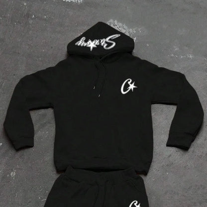 Two-piece black suit Y2K fashion pattern hoodie men clothing Harajuku Gothic women chic sports pants couple suit sportswear.