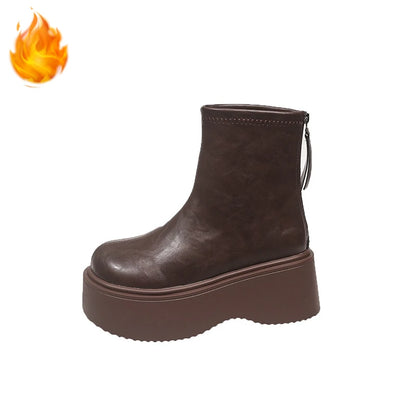 Autumn Winter Chunky Heel Women Short Boots Vintage Round Toe Platform Shoes Ladies Short Plush Gothic Ankle Booties