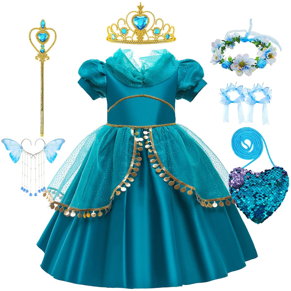 Disney Prinzessin Jasmin Kleid Kinder Cosplay Aladin und die Wunderlampe Performance Kostüm Mädchen Halloween Karneval Outfits.