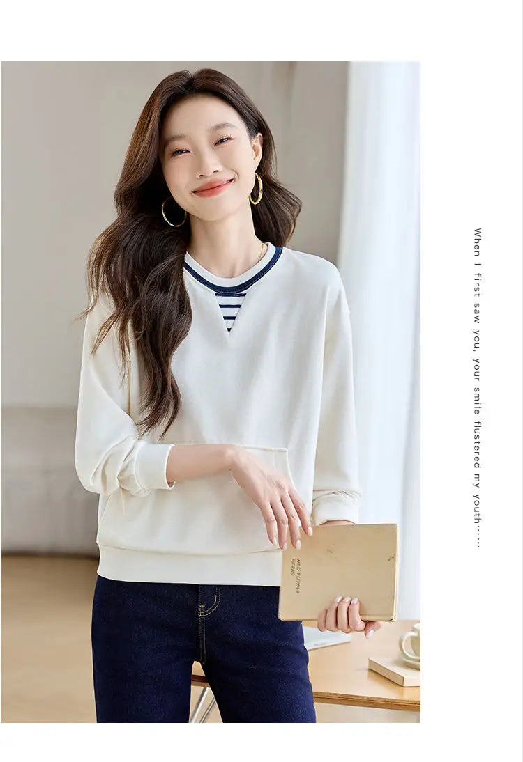 Apricot Round Neck Contrast Long Sleeve Womens Sweatshirt Stylish Casual Minimalist Top.