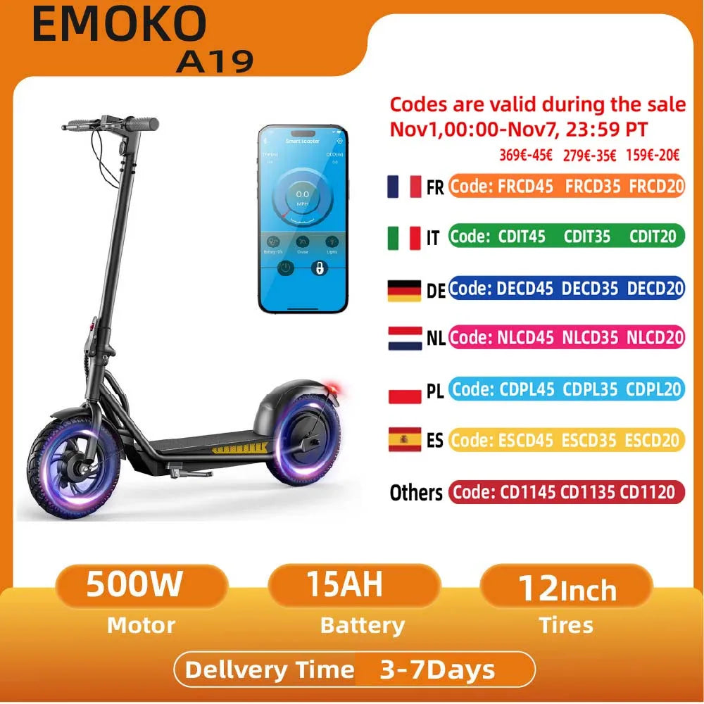 EMOKO A19 City E-Scooter 500W 36V15AH Battery 12 Inch Tires EScooter Adult City Commuter Electric Scooter.