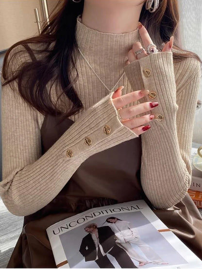 2025, weibliche Casual Tops Pullover Frauen Herbst Winter Gestrickte Dünne Pullover Feste Taste Volle Hülse Halb Hohen Kragen Pullover