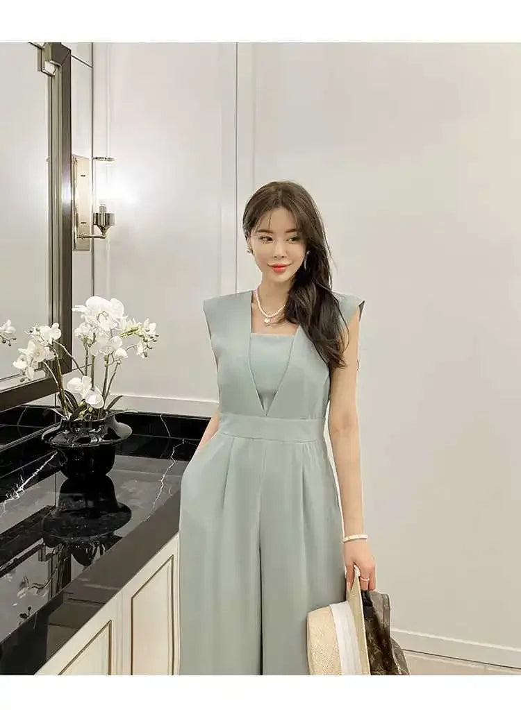 Slimming High Waist Wide Leg Pants Korean Style Fashionable Women's One-Piece Jumpsuit Summer New Arrival Simple Elegant.