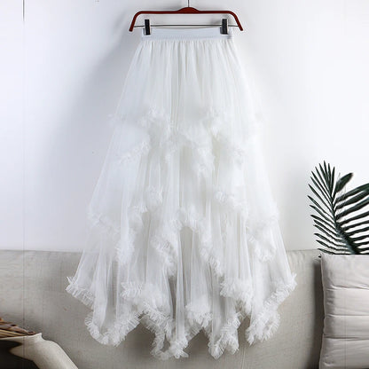 Autumn Winter New 2025 Irregular Cake Tulle Skirt Women Sweet Midi Long High Waist A Line Skirt Female Mesh Party Skirt Lady.