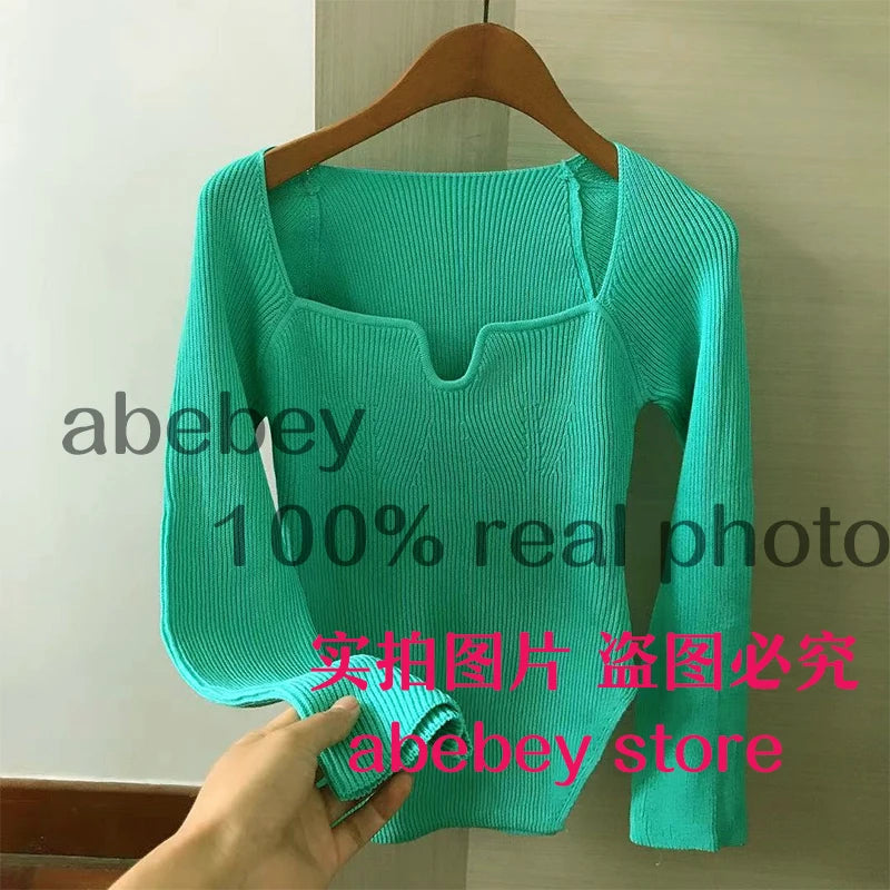 Quadrat Kragen Langarm Frau Pullover Gestrickte Pullover Frauen Frühling Herbst Pullover Winter Tops Für Frauen Schwarz Weiß Jumper