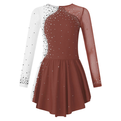 6-16Y Mädchen Eiskunstlauf Tanz Kleid Ballett Gymnastik Trikot Langarm Shiny Strass Sheer Mesh Leistung Dancewear