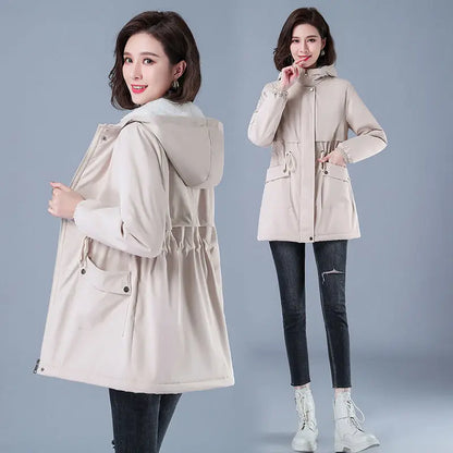 Fleece-gefütterte Kapuze, Daunenjacke, Wintermantel für Damen, warme, mit Kordelzug gepolsterte Parkas, mittellanger Mantel, Streetwear, gepolsterte Kleidung