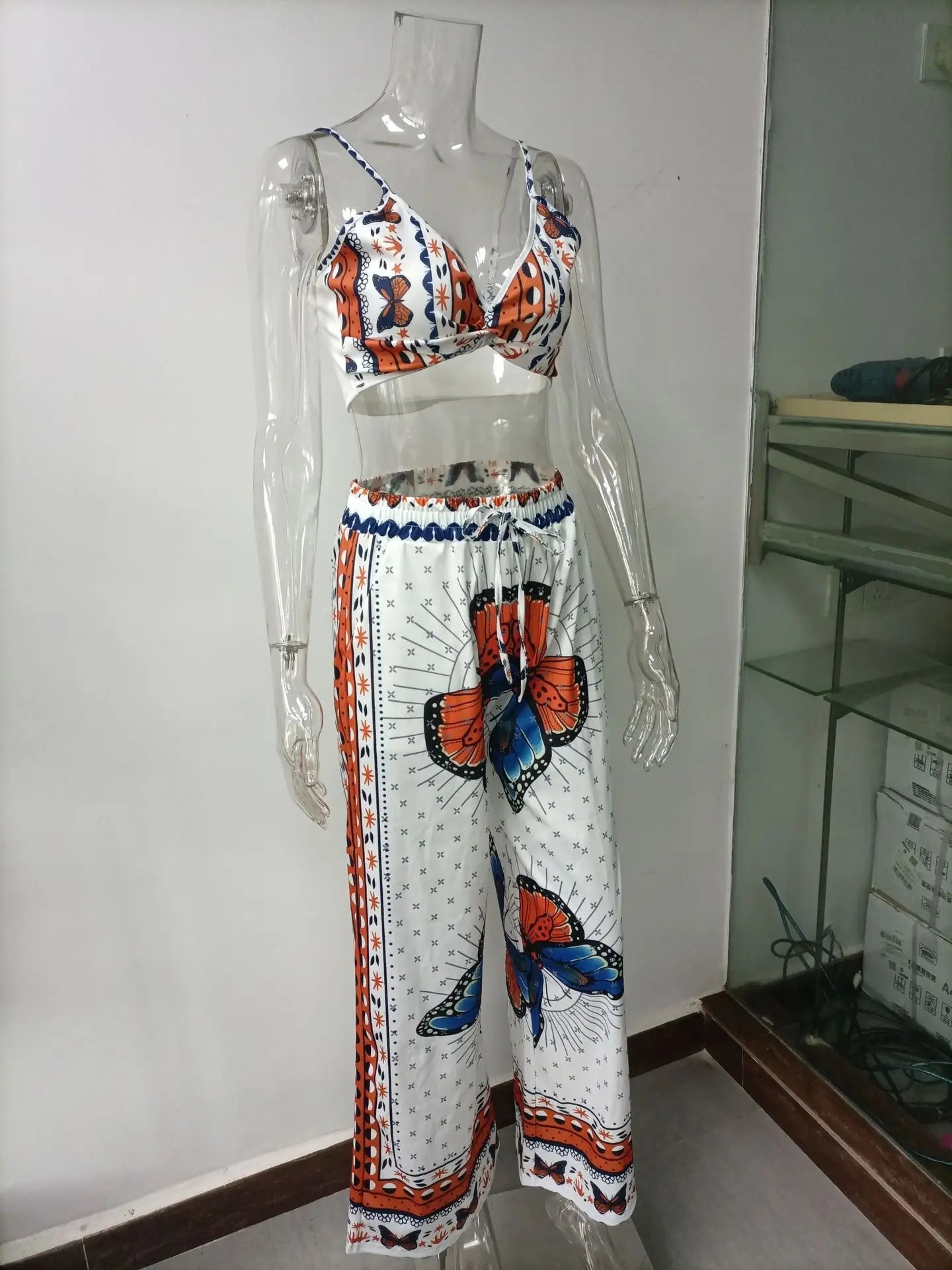 Sexy Two Piece Set Women Outfit 2025 Summer Butterfly Print V-Neck Cropped Top High Waist Drawstring Casual Wide Leg Pants Sets.