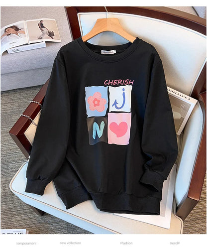 175kg plus size Damen büste Frühling Herbst lose Langarm bedrucktes Sweatshirt Top schwarz rosa 6xl 7xl 8xl 9xl 10xl 11xl