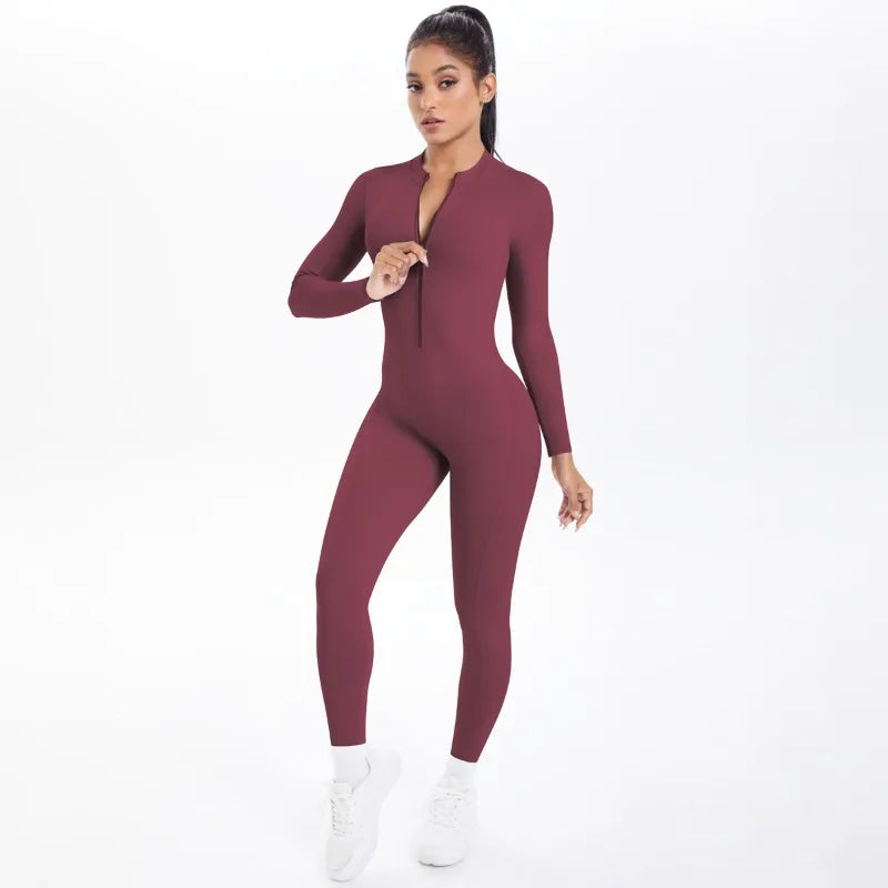 Women's Long Yoga Bodysuit with Half-Zip Sexy Back & Butt Lift for Fitness Running Outdoor Sportswear.