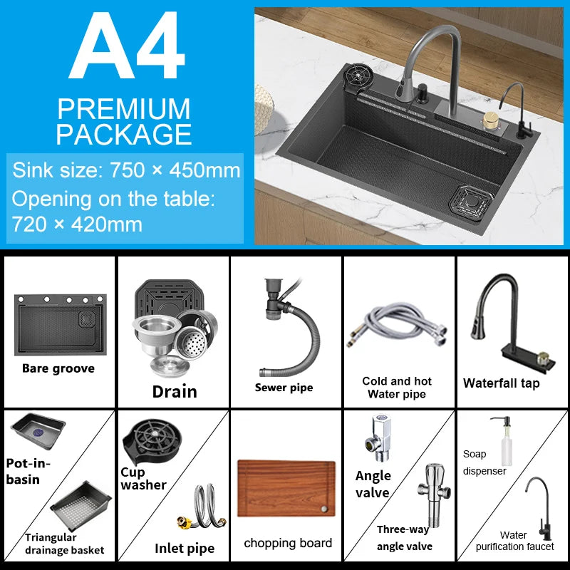 Large Single Slot Embossed Stainless Steel Waterfall Kitchen Sink  Household Wash basin Dishwashing  Sink For Kitchen