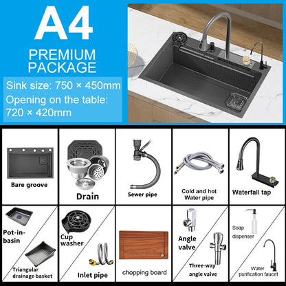 Large Single Slot Embossed Stainless Steel Waterfall Kitchen Sink  Household Wash basin Dishwashing  Sink For Kitchen