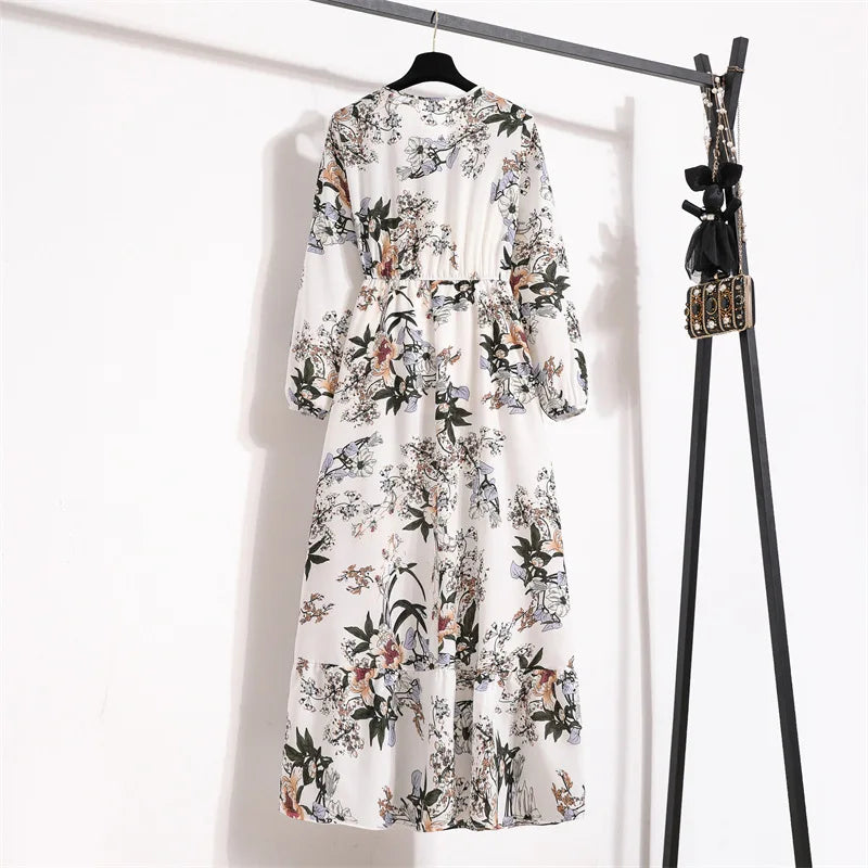 Women Floral Printed Maxi Dresses Spring Summer Casual O Neck Full Sleeve High Waist A Line Boho Beach Party Long Dress Vestidos