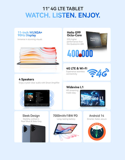 ALLDOCUBE iPlay60 Pro Tablet 10.95" 90Hz Display Helio G99 16GB(6GB+10GB Virtual) RAM 128GB ROM 4G LTE Android 14 7000mAh.