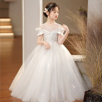 Neue Jugend Mädchen Prinzessin Mesh Kleid Hochzeit Blumen mädchen Kleid Schul wettbewerb Klavier lange Leistung Kleid für 3-12 Jahre.