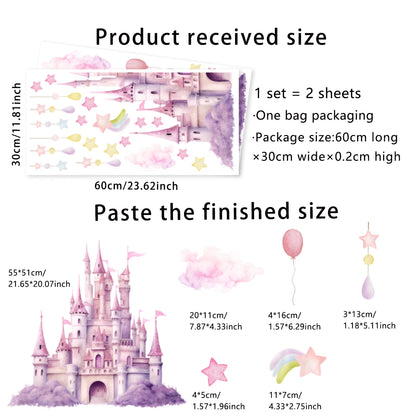 2sheet/set Pink Castle Wall Decals,  Clouds Stars Wall Stickers, Balloon Wall Decor for Kids Girls Bedroom Nursery Home.