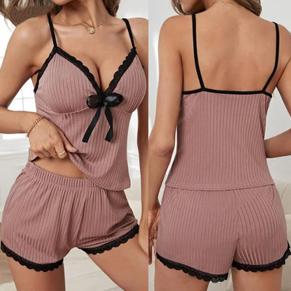 Neues sexy geripptes Pyjama-Set für Damen mit Spitzenbesatz, Cami-Top und Shorts, zweiteilige Nachtwäsche, Loungewear, V-Ausschnitt mit Schleife, Spaghettiträger.