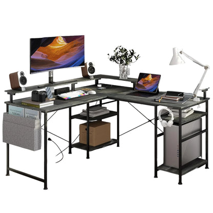 RGB Gaming-Schreibtisch L-Form/gerade umbaubar mit Monitoraufsatz, Steckdosenleiste & USB, Ablagen, Home-Office