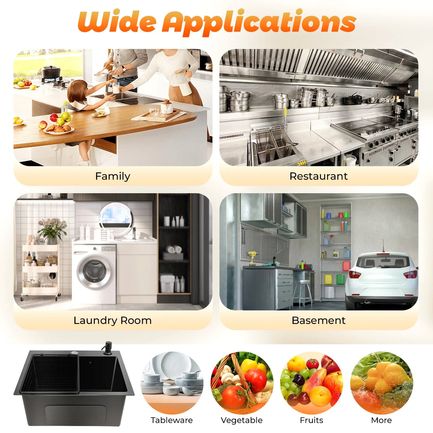 Hochwertiges Küchenspülbecken-Komplettset, 45 x 40 x 20 cm, langlebiges, großes Fassungsvermögen-Reinigungsspüle aus Edelstahl 201, schwarze Spüle mit einer einzigen Schüssel