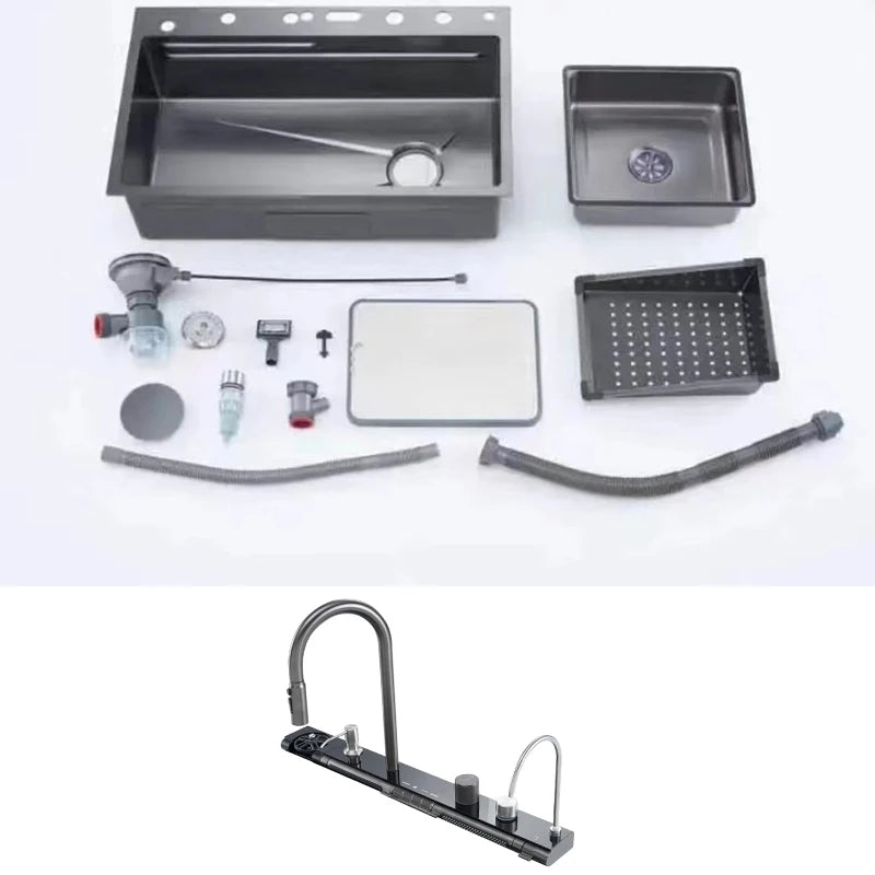 Stainless Steel Kitchen Waterfall Sink Embossed Digital Display Large Single Slot All-in-one Faucet Multi-functional Wash Bain