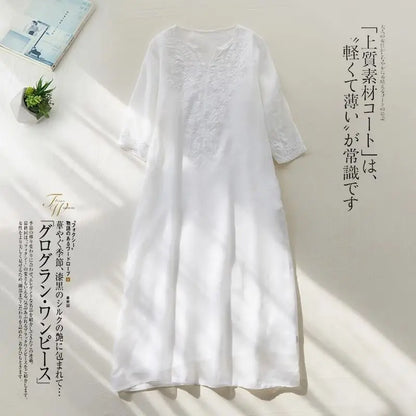 Ethnisches Vintage-Kurzarmkleid aus schwerer Stickerei aus Baumwolle und Leinen für Damen, lockeres langes Sommerkleid mit V-Ausschnitt und elegantem Stil