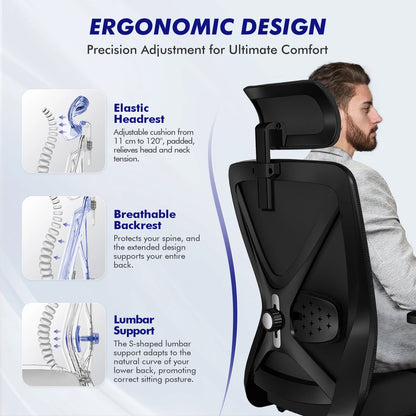 AUTHMIC Ergonomischer Bürostuhl, verstellbare Netzrückenlehne, Lordosenstütze, drehbarer Computer-Schreibtischstuhl für Zuhause, Büro, Arbeit, Gaming