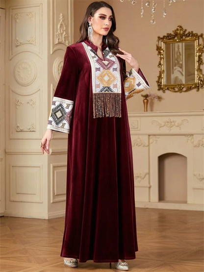 Siskakia Ramadan Muslim Notched Stand Collar Tassel Long Dresses For Women  Loose Elegant Kebaya Patchwork Sleeve Abayas.