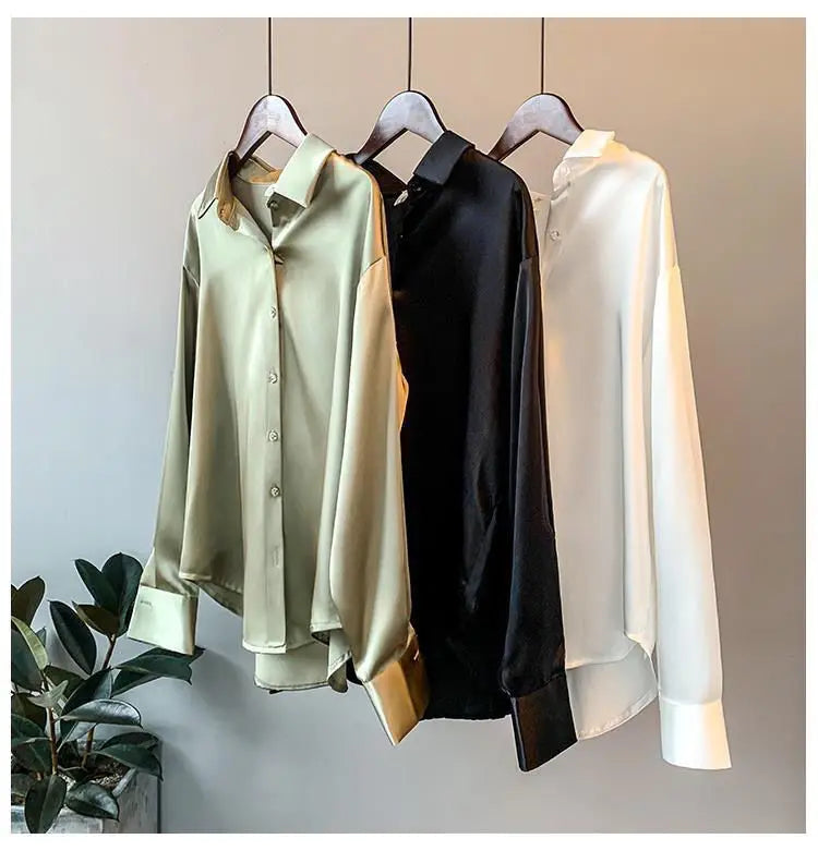 1pcs Woman Spring Autumn Satin Shirt Lady Long Sleeve Lapel Blouses Cardigans Elegance Sweet Casual Coats Girl Sunscreen Top.