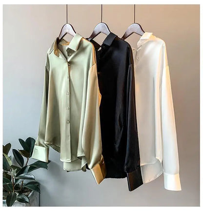 1pcs Woman Spring Autumn Satin Shirt Lady Long Sleeve Lapel Blouses Cardigans Elegance Sweet Casual Coats Girl Sunscreen Top.