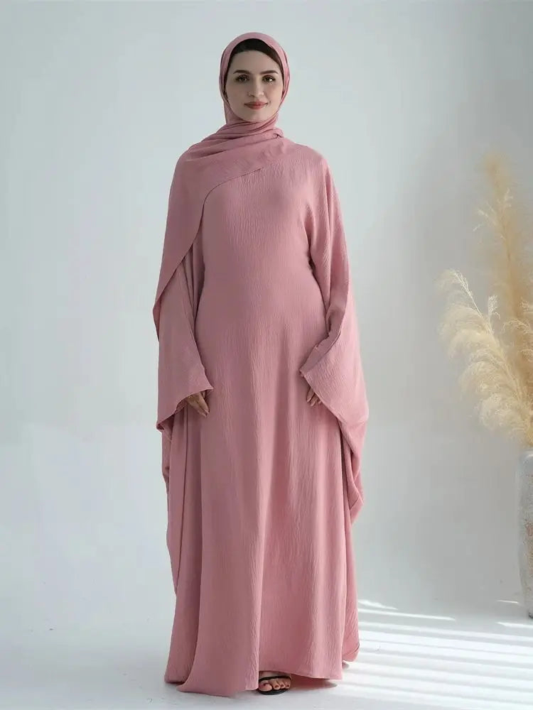White Pink Black Brown Soft Crepe Khimar Batwing Abaya Damen 2 Piece Muslim Modest Hijab Dresses Set Kaftan Kebaya Robe Women