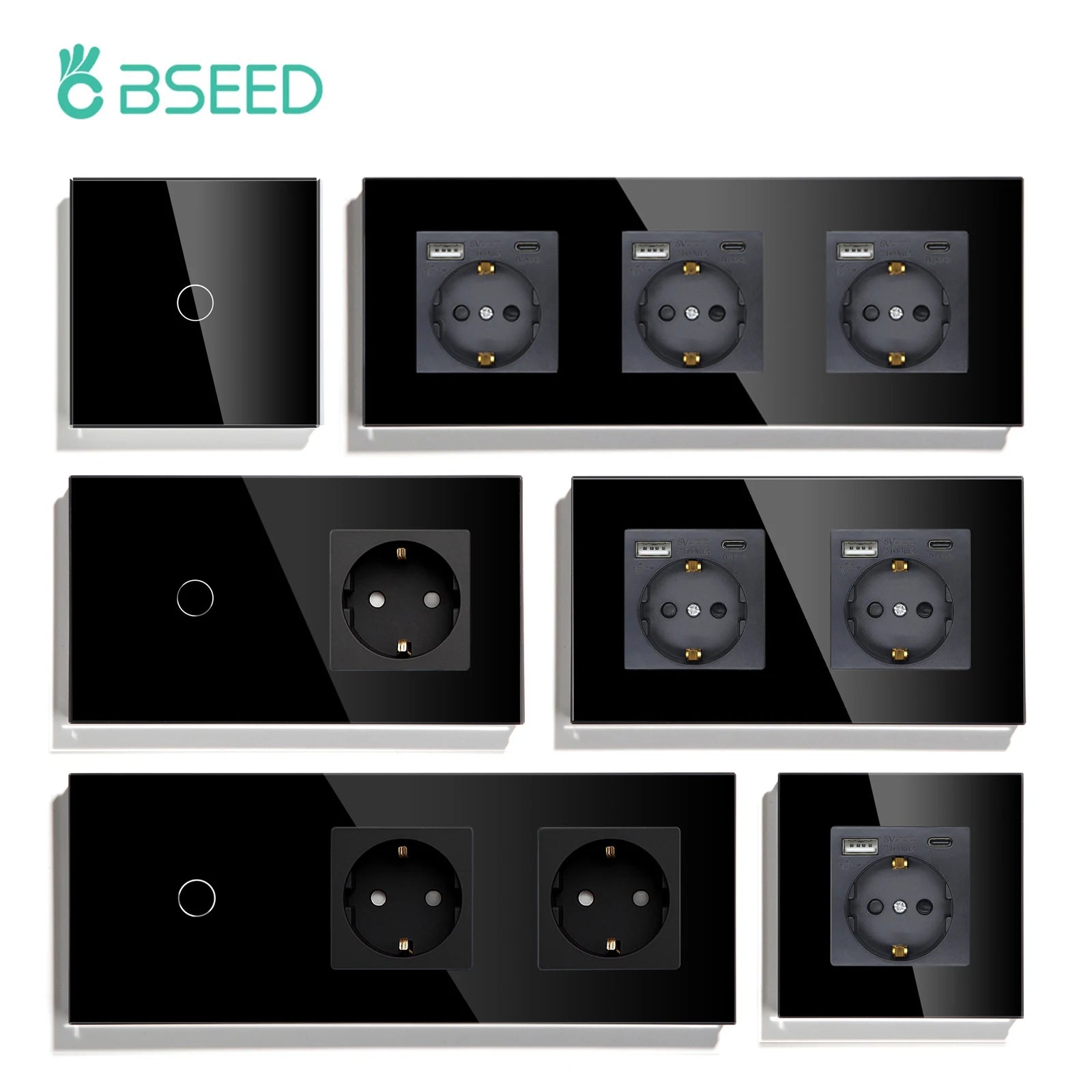 BSEED 1/2/3Gang Touch-Schalter 1-Wege-Lichtschalter mit EU-Steckdosen USB Typ-C-Steckdosen Glasscheibe Schwarz.