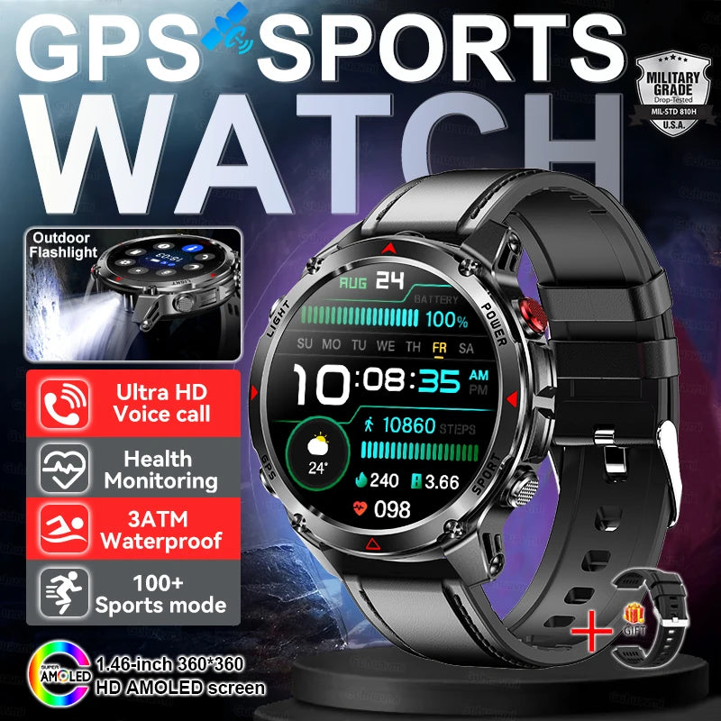 Outdoor Military GPS Smartwatch For Men Build in Dual Band GNSS Compass Altitude 3ATM Waterproof Swimming Smart Watch Women 2025