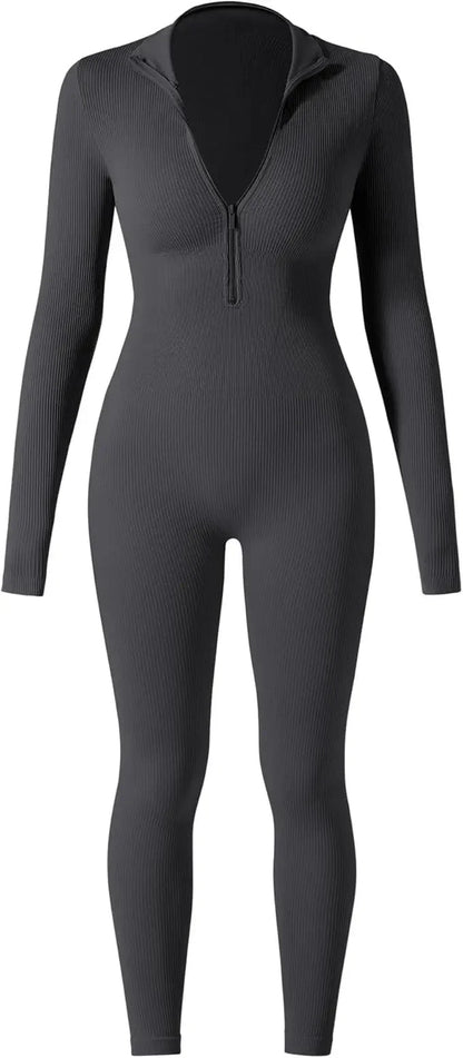 Seamless Long Sleeve Yoga Suit Waist-Fitted Shaping Trousers Casual Sports One-Piece Zippered Fitness Wear