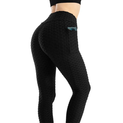 Women Fashion Pocket Bubble Pants Stretchy Slim Leggings Gym Running Cycling Fitness Pants High Waist Hip Lift Leggings Female.